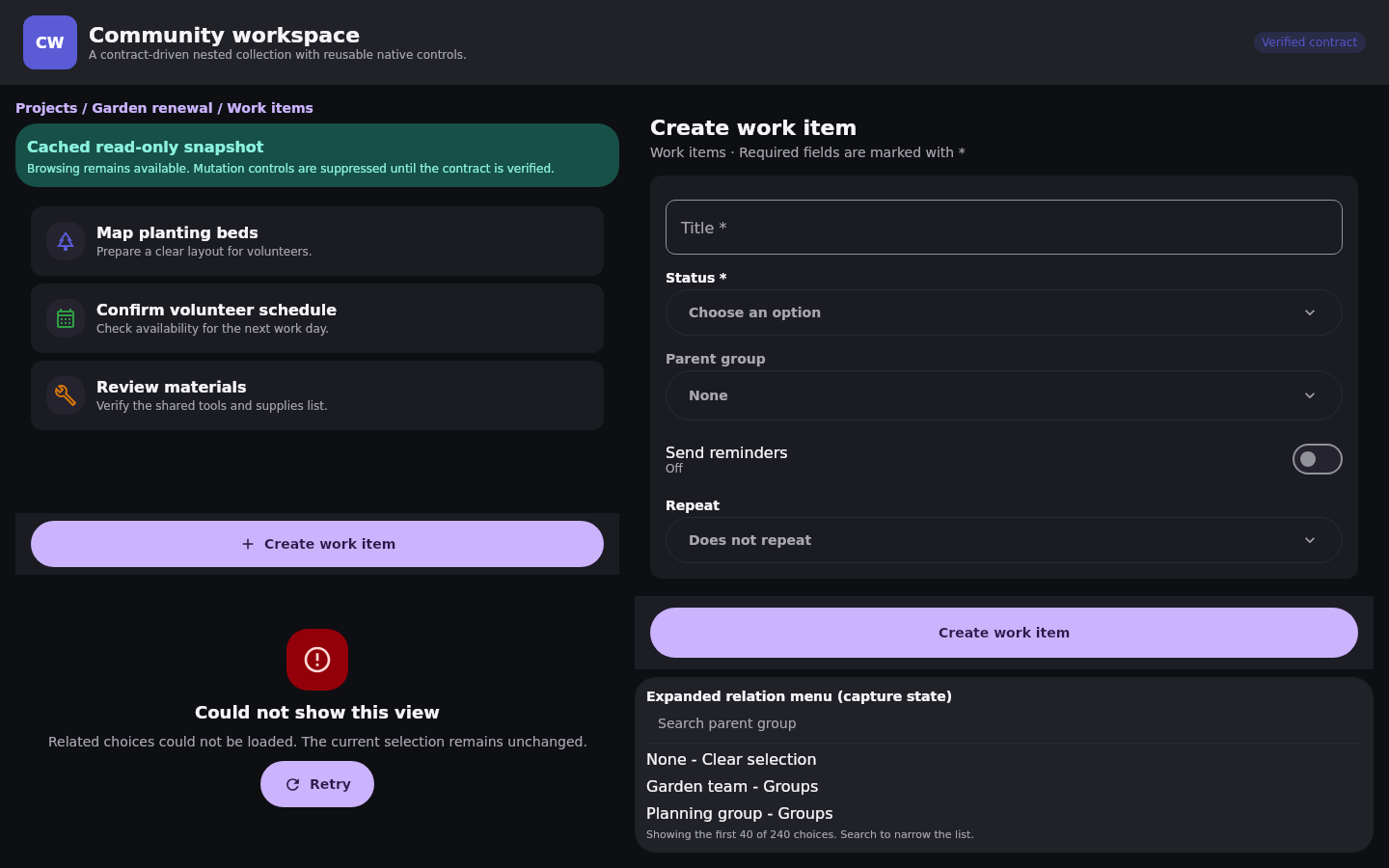 Nextcloud Native rendering a synthetic community inventory as a native data table after recognizing verified typed fields