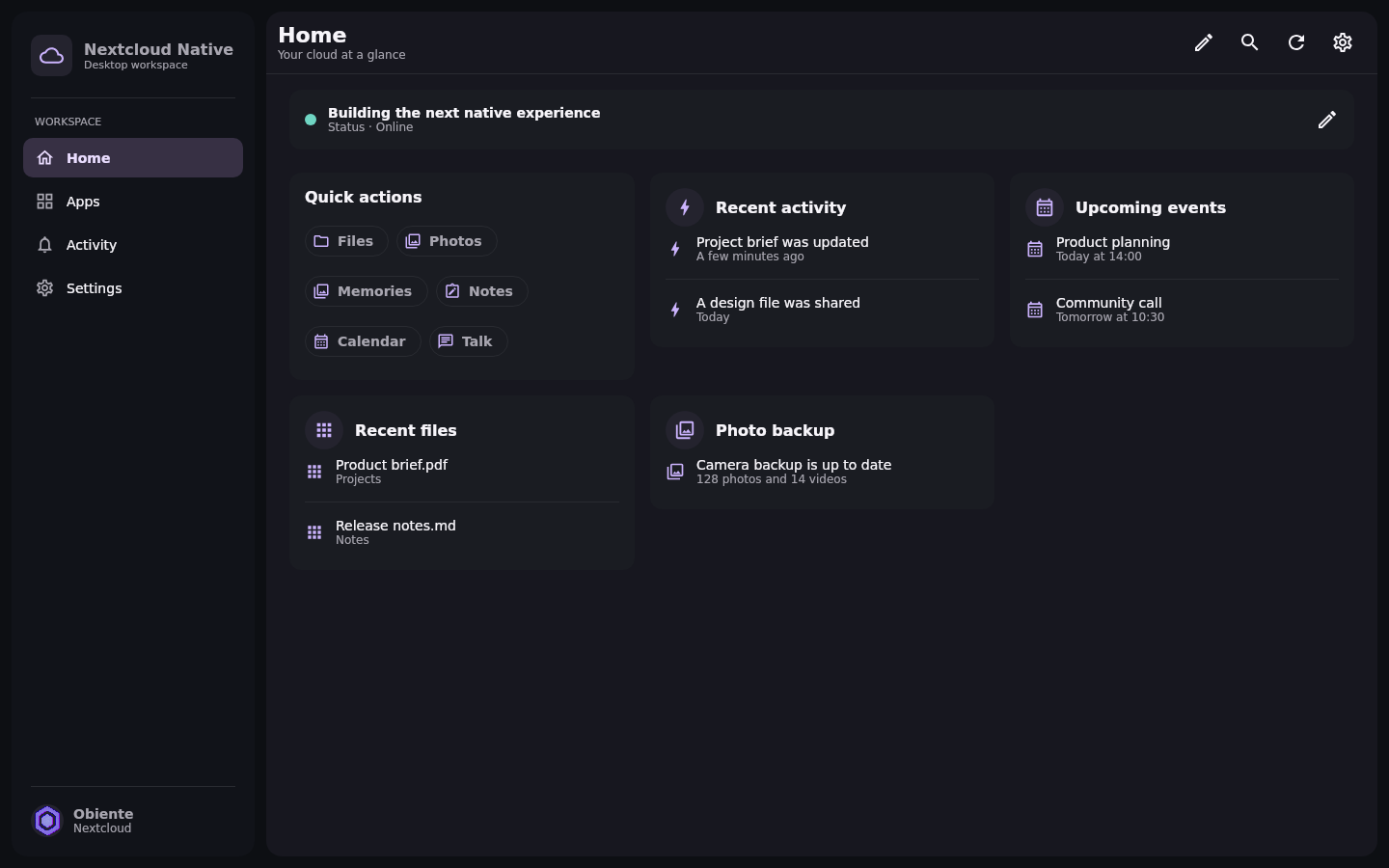 Workspace Home dashboard: Ready