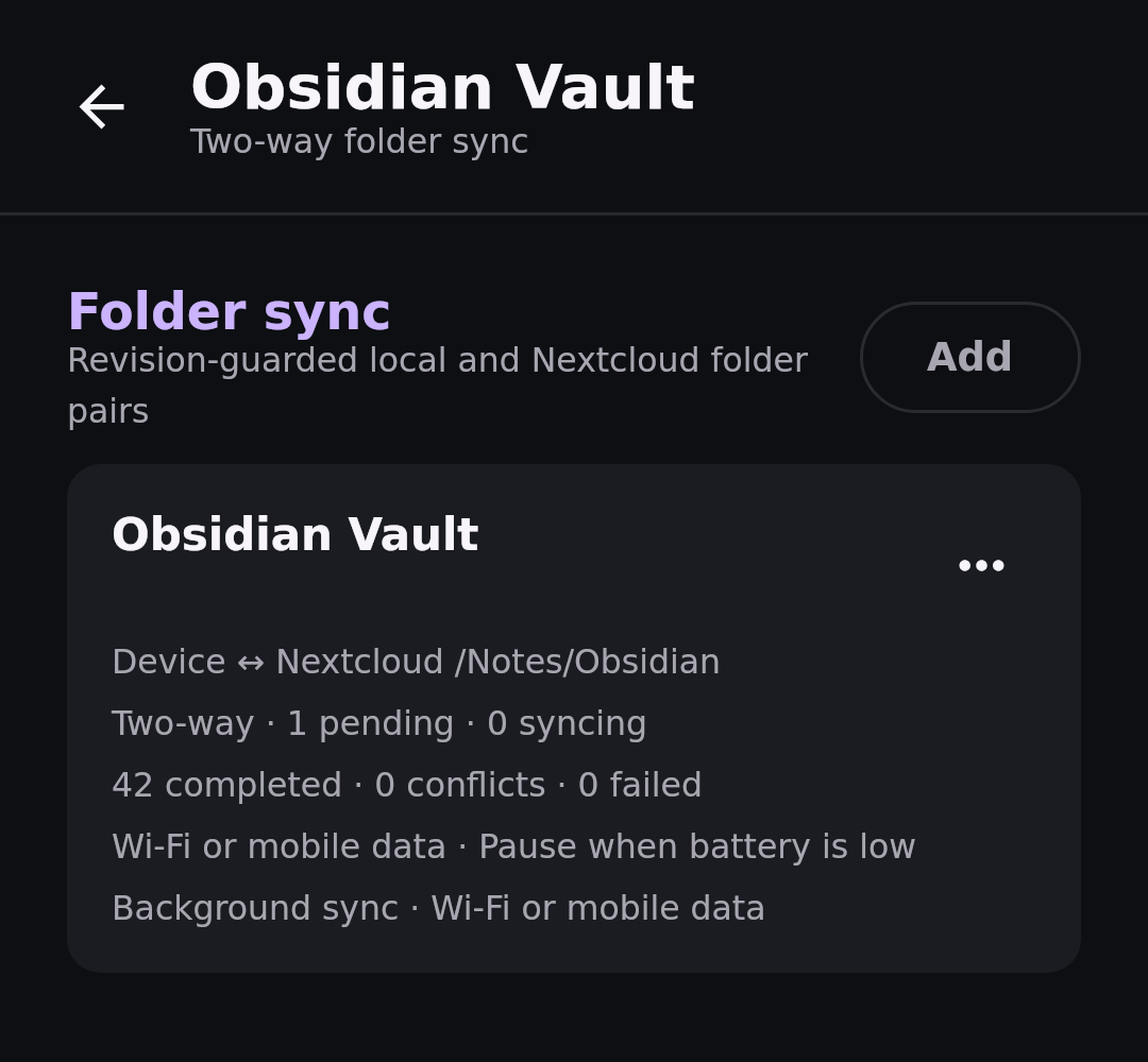 Nextcloud Native showing a synthetic Obsidian vault two-way sync pair with pending and completed transfer counts on mobile